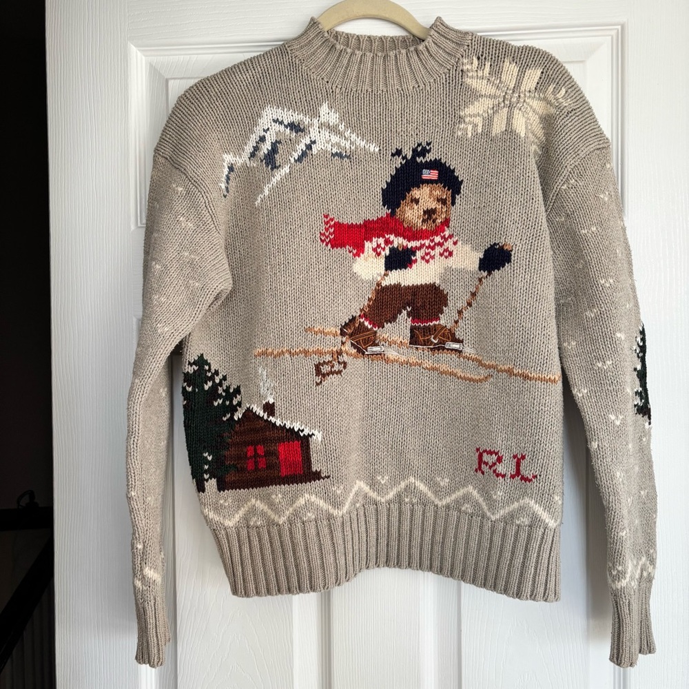 Polo by Ralph Lauren Gray/Beige Sweater with Skiing Bear Design